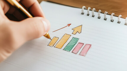 A hand drawing a colorful growth chart on a notepad, symbolizing progress and success in business or personal development.
