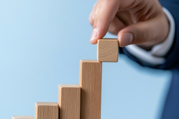 A hand placing a wooden block on a bar chart, symbolizing growth, progress, and strategic planning in business.