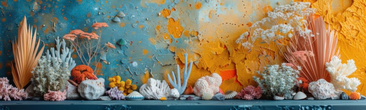 Many different types of corals on display in this room, banner, copy space