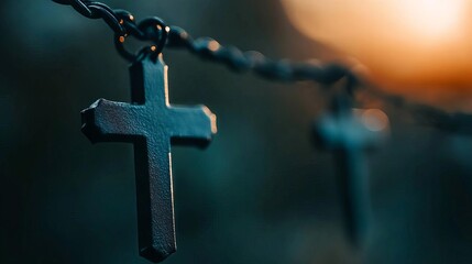 Close-up of a metal cross necklace on a rosary with a blurred background, highlighting the details and texture of the religious item.