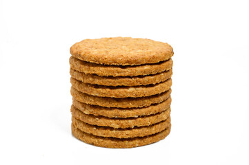 Stack of sweetmeal digestive biscuits isolated on white.