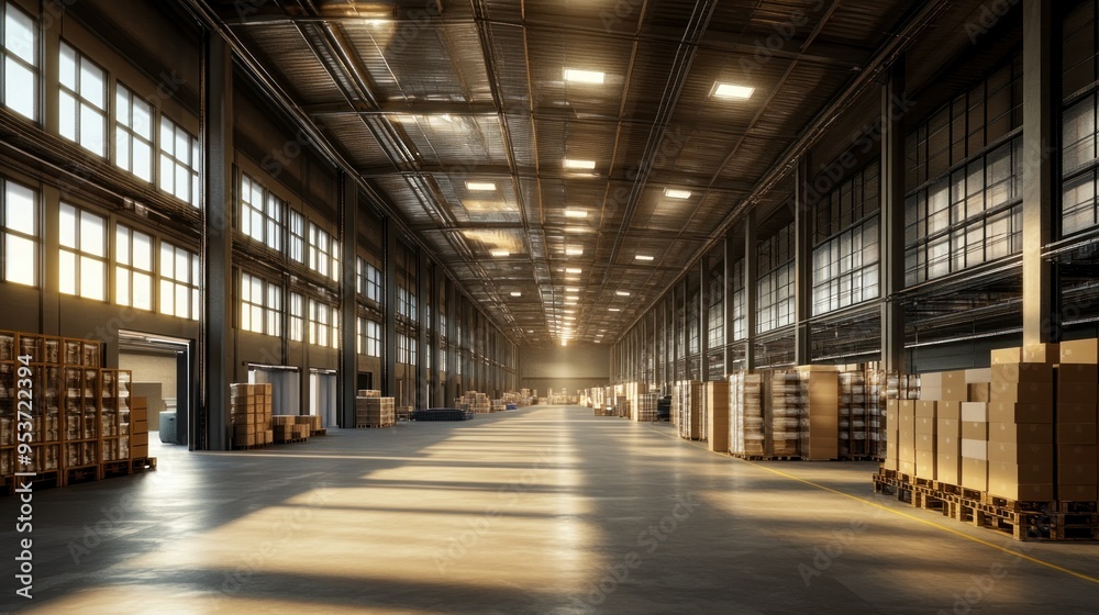 Poster sunlit empty warehouse with pallets of cardboard boxes