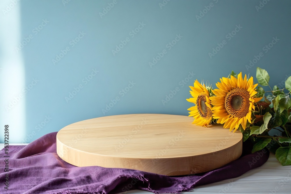 Wall mural round wooden tabletop with sunflower on a clean and bright interior