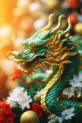 Fototapeta premium Decorative Chinese dragon on a Christmas tree with holiday ornaments.
