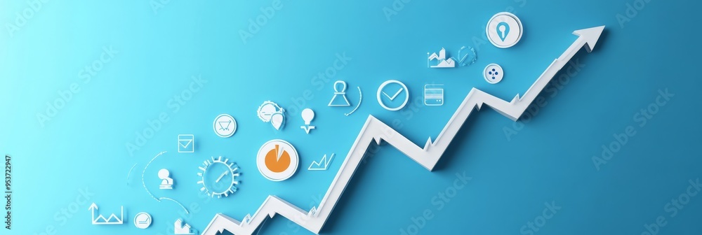 Poster abstract 3d business chart with a white upward arrow and various business icons on a gradient blue b