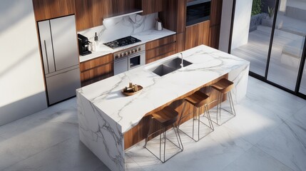 Modern Kitchen Island with Marble Countertop and Bar Stools