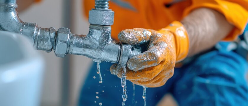 A plumber fixing a leaking pipe with gloves, showcasing the importance of plumbing maintenance and repair in modern homes.
