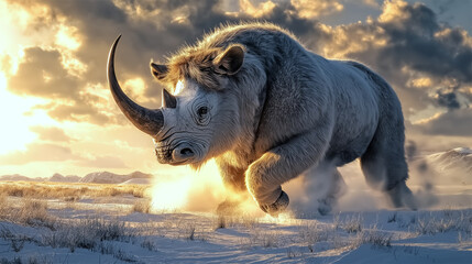 Extinct Woolly Rhinoceros Coelodonta Moving Through Snow-Covered Prehistoric European Steppes
