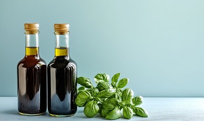 Two bottles of oil and vinegar with fresh basil on a light blue background.