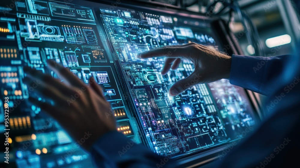 Aufkleber hands interacting with a futuristic digital interface