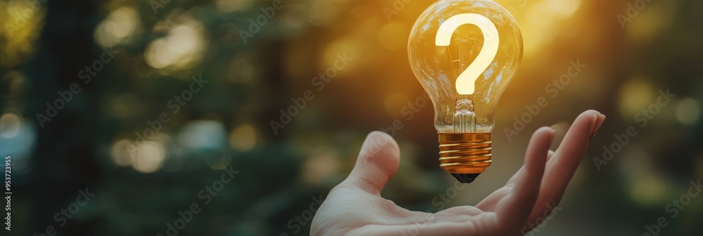 Poster hand holding a glowing lightbulb with a question mark inside, blurred background of trees. conceptua