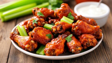 Juicy chicken wings covered in hot sauce glistening with heat