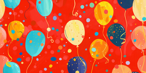 Playful red background with cartoony balloons and confetti, festive theme, happy kids pattern