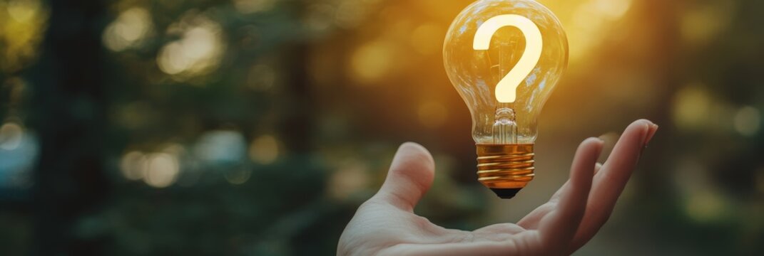 Hand holding a glowing lightbulb with a question mark inside, blurred background of trees. Conceptual image representing inspiration, ideas, and curiosity.