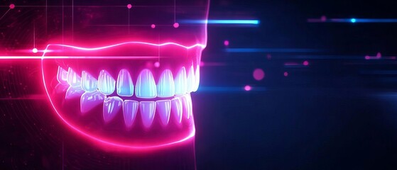 Futuristic neon hologram of human teeth and jaw in bright pink and blue on a dark background, representing dental technology and innovation.