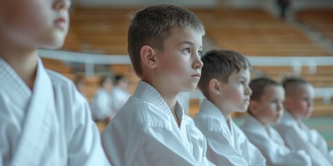 Children in white martial arts uniforms sitting in a row during class, listening to their sensei.