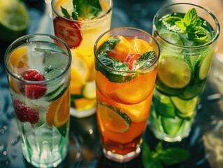 Fototapeta premium An assortment of colorful fruit smoothies and mixed drinks, perfect for sunny summer days or as a healthy alternative to sugary sodas.
