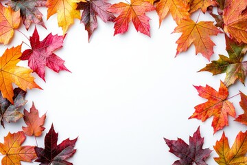 Fototapeta premium Autumn Maple Leaves Flat Lay White Background created with Generative AI