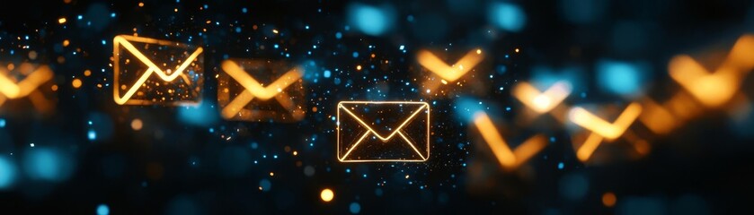 Glowing envelopes representing email notifications in a digital communication concept against a dark background with bokeh lights.