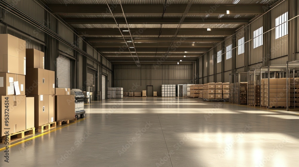 Poster large empty warehouse with pallets of cardboard boxes