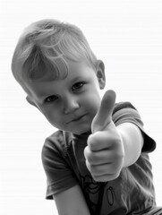 A cheerful toddler giving a thumbs up with a big smile. He is wearing colorful clothes and has a candid look of happiness on his face.