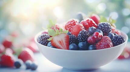 Juicy fresh berries in a bowl glistening with freshness