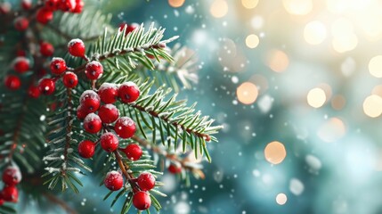 Berry branch with snow on pine tree. Christmas decoration.