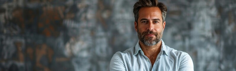 Fototapeta premium Man with a beard and a blue shirt, portrait, banner, copy space