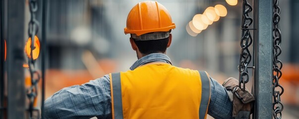 Foreman locking up a gated construction site, economic downturn, site closure