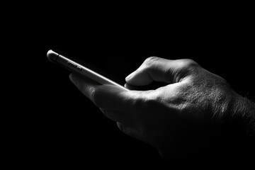 A hand holding a smartphone against the dark background.