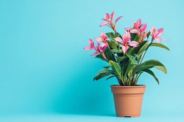 Naklejka premium Pink flowers in a pot against a blue background.