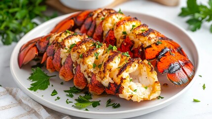Juicy grilled lobster tail with garlic butter glistening with flavor