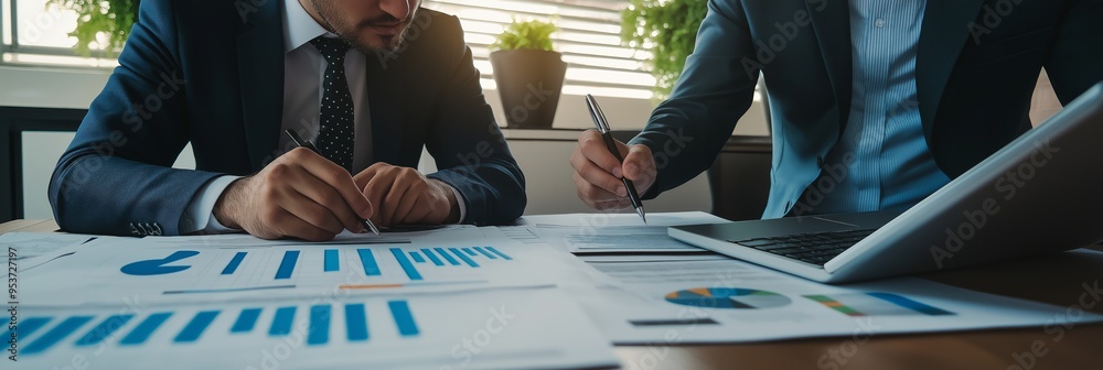 Poster business meeting with data analysis and reporting