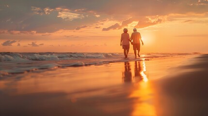Fototapeta premium A couple walking on a beach at sunset. The man is holding the woman's hand. Scene is romantic and peaceful