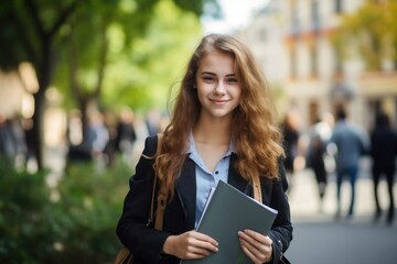 Fototapeta premium Girl smiling holding textbooks, in campus setting.