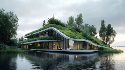 Fototapeta premium Modern Green Roof House on a Lake