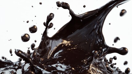 Dark petroleum oil drops and splashes in motion against a neutral background.