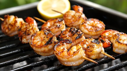 Juicy grilled shrimp skewers with a squeeze of lemon glistening with marinade