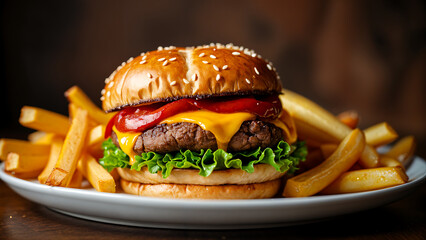 Isolated grilled cheeseburger with French fries
