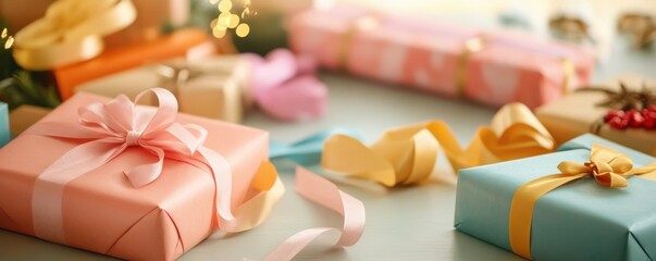 Colorful wrapped gifts adorned with ribbons, perfect for celebrations, holidays, birthdays, or special occasions.
