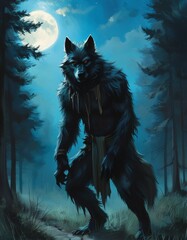a werewolf in the forest at night with the moon