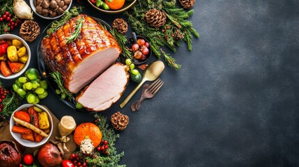 Fototapeta premium Juicy honey-glazed ham with caramelized edges served with roasted vegetables