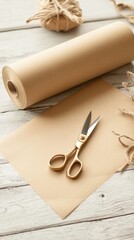 Crafting supplies including a roll of brown paper, scissors, and twine on a rustic wooden surface for creative projects.