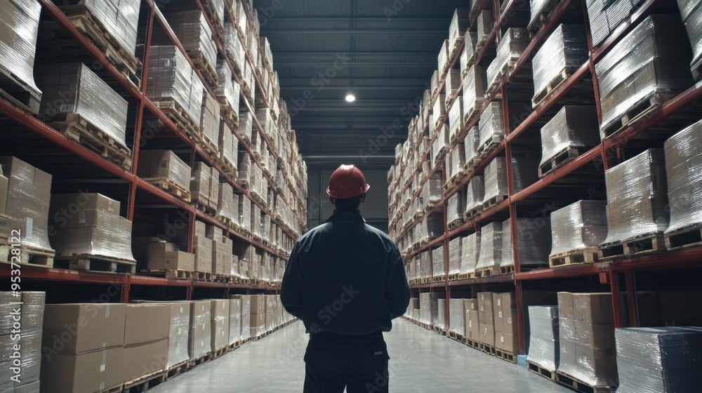 Poster a lone worker in a warehouse aisle surrounded by stacked boxes