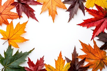 Fototapeta premium Autumn Maple Leaves Flat Lay White Background created with Generative AI