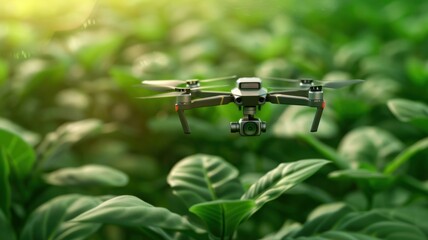 A drone hovers over lush green foliage, showcasing the synergy between technology and nature in modern agriculture.