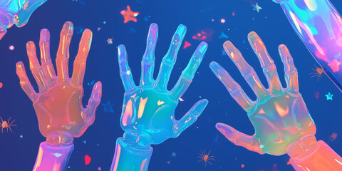 Fototapeta premium Shiny skeleton hands with shifting colors, reaching out from a dark foggy background, unique halloween background 