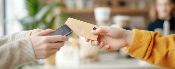 Hands exchanging mobile phone and card, symbolizing modern payment methods in a cafe setting.