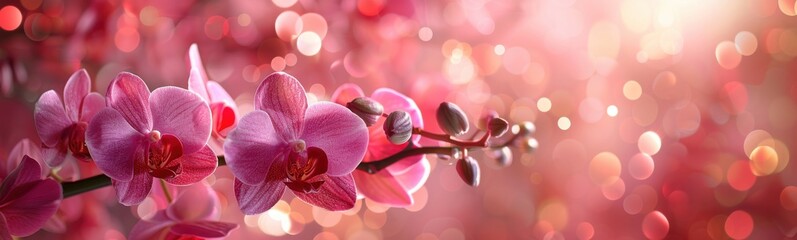 Obraz premium Purple orchids with pink petals against a pink background, plant background, banner, copy space