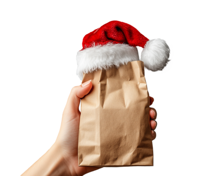 Hand holding a paper bag with santa hat, Christmas present, with copy space for branding or advertising, isolated on a transparent background. 